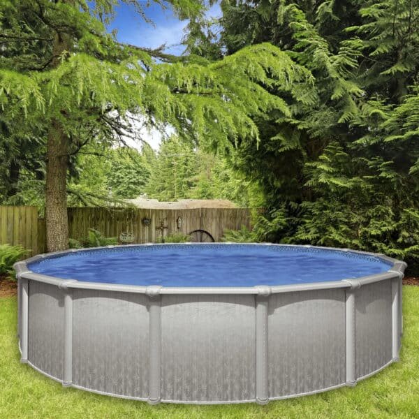 Round above ground pool with blue liner in private backyard with wooden fence and evergreen trees