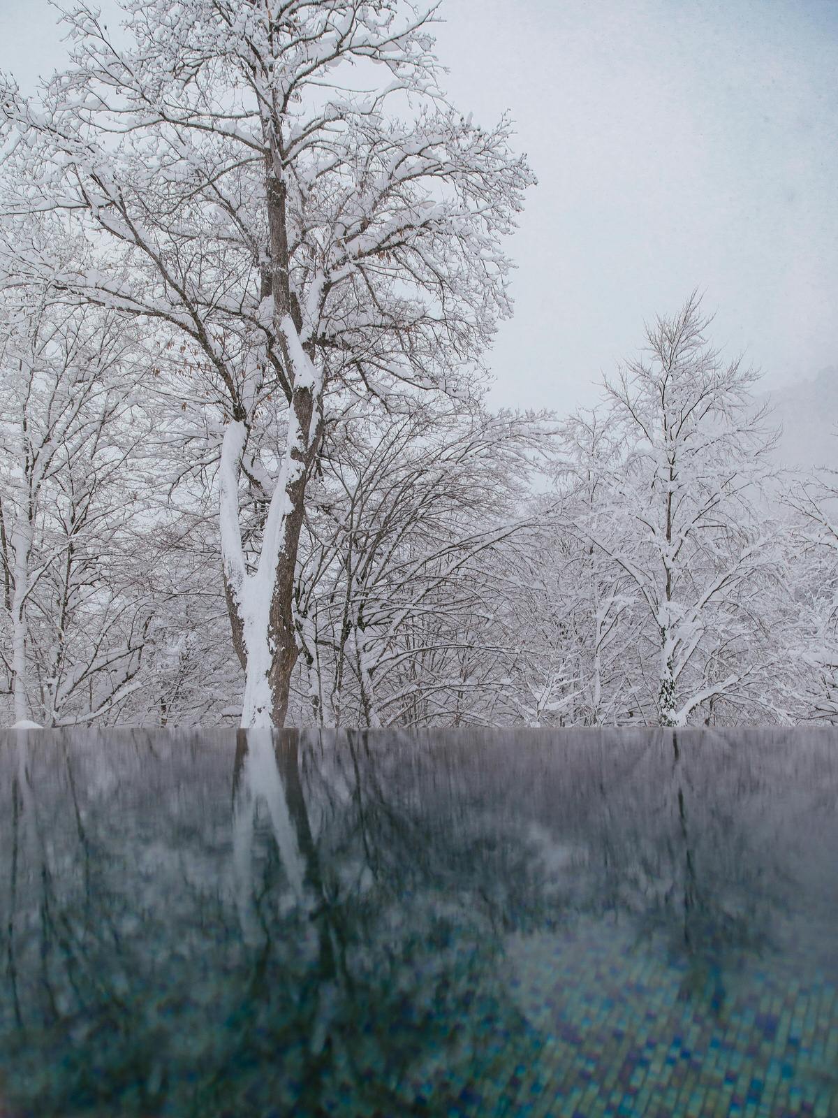 Winter pool maintenance - frost covered swimming pool with protective cover during cold winter weather