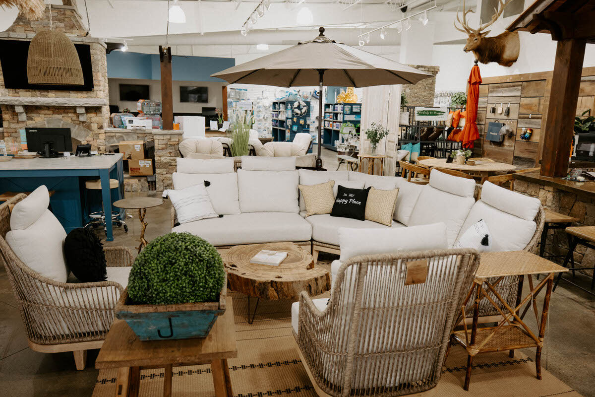Patio furniture on sale at Mid State Pools showroom in Warner Robins, Georgia